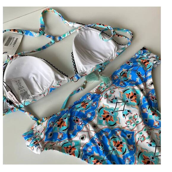 Nanette Lepore 2PC Bikini Blue Plunging Triangle Swimwear Top & Bottom 6 NWT - Picture 10 of 10